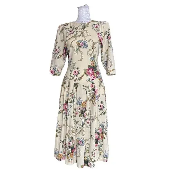 sachin and babi light blue dress Vintage Dresses | Vintage 80s Cream Pink Drop Waist Floral Dress Sz Xs USA Made Tea Length | Color: Pink/Yellow | Size: Xs